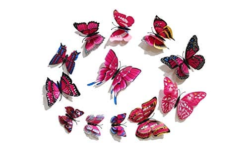 FiveRen 12 Pcs 1 Pack Beautiful Double Wing 3D Butterfly Wall Stickers, Vivid Fridge Magnet Home Decor Art Applique DIY Crafts Removable for Babys Bedroom TV Background Living Room, Rose