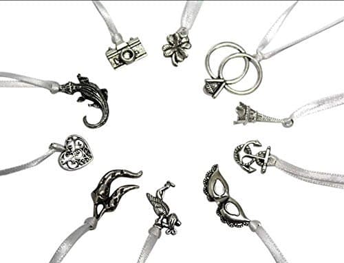 Thrice Charmed 10 Cake Pull Charms with White Ribbon - Ten Cake Pulls Bridal Shower Game Wedding