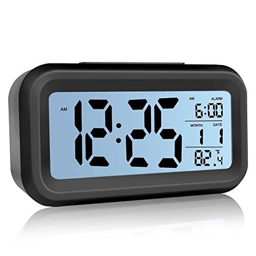 Alarm Clock,Digital Clock Easy to Watch and Set ,LCD Display Low Light Sensor Technology Soft Night Light Repeating Snooze Temperature Display& Month Date