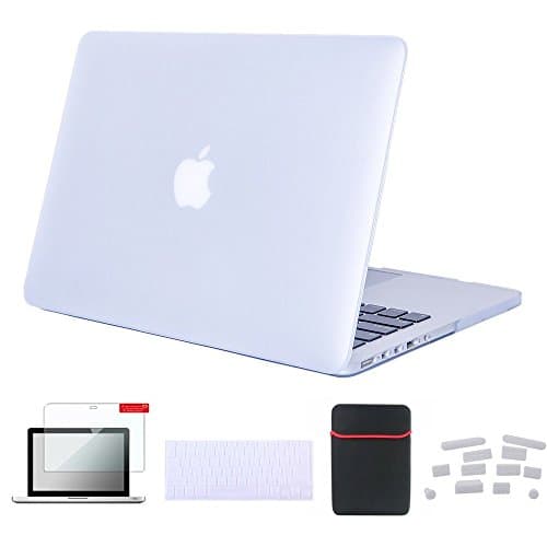 JIFF Rubberized Hard Case Cover Macbook Pro 13 Retina A1502/A1425 with Retina Display with Sleeve Bag + Silicone Keyboard Cover + LCD Clear Screen Protector + Dust Plugs(5 in 1) (Matte Transparent)