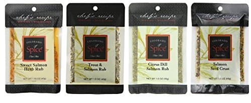 Colorado Spice Salmon and Fish Rub 4 Flavor Sampler Bundle, (1) each: Sweet Salmon Herb, Trout & Salmon, Citrus Dill Salmon, Seeded Salmon (1.5 Ounces)