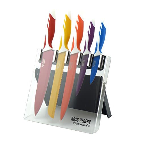 Ross Henery Professional 5 Piece Kitchen Knife Set with Multi Coloured Handles in Clear Foldable Acrylic Block/Stand