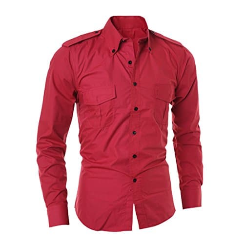 Pipi Men Fashion Slim Fit Solid Epaulet Double Pockets Button Down Shirts xxl red