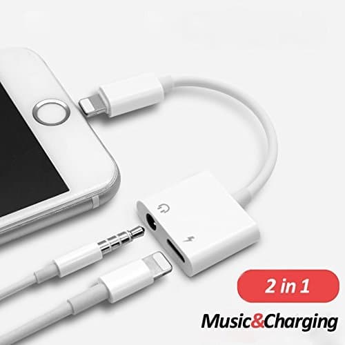 iPhone Headphone Adapter, Dual Lightning & Spliter 2 in 1 Aux Headphone Jack & Charge Cable Adapter, 3.5mm Lightning Adapter for iPhone7/7Plus/8/8Plus/X, Support iOS 11 and earlier iOS