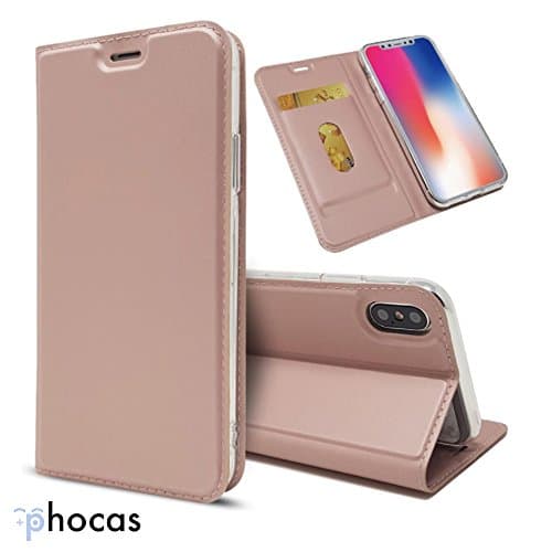 Luxury PU Leather iPhone X / iPhone 10 Foldable Magnetic Wallet Cover, Card-Holder and Kickstand (Rose Gold)