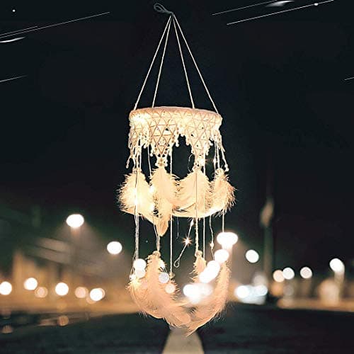 Ruili Inc Led Dream Catcher Light Boho Dreamcatcher Light Handmade 3D Wind Chime Led Fairy Light Lantern Design Wall Hanging Ceiling Bedroom Decoration Wedding Decor Craft White