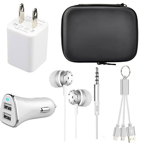 Caithly Mobile Phone Accessory 4 in 1 Charger Kit ,Pouch bag,Dual Usb Car Charger,Fast usb wall charger ,Headphone with Mic And Control ,Data Charging Cable for iPhone And Android.(White)