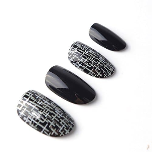 24Pcs 12 DIfferent Size French Full Cover False Nails Tips Black Transparent Lace Short Square False Nails