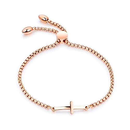 Elegant Value Sideways Cross Bracelet Adjustable Gold Plated - Unique Baptism Gift, Christening, Christmas, Birthday, for Women, Teen, Girls, Kid, Baby; Holy Religious Christian, Catholic Gift