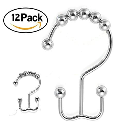 KOP 【12 PCS】Shower Curtain Rings, Double-hook Rustproof Stainless Steel Shower Curtain Hooks Chrome Plated Rollerball Shower Rings Rust Resistant Friction Free Polished Chrome for Bathroom Shower