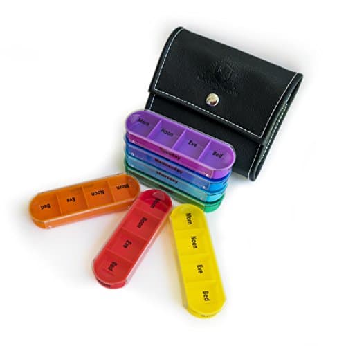 Pill Organizer am pm 7-Day | Portable 7 Day case Tray Plastic compartments (Morning, Afternoon, Evening, and Night) | Includes PU Black Leather Bag for Daily Travel by Klouds Kingdom
