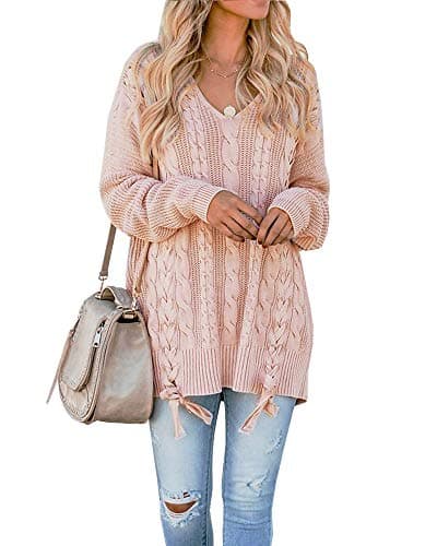 Hestenve Plus Size Womens Lace Up Pullover Sweaters Long Sleeve Cable Knit V Neck Fall Jumper Tops