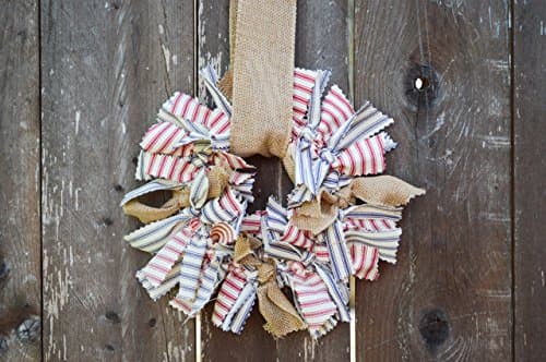 Fabric Rag Wreath for the rustic inspired home - small red white and blue ticking fabric wreath - nautical inspired