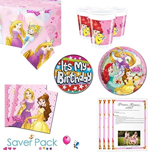Disney Princess tableware saver pack for 8, 16, 24 or 32 guests - comes with a FREE "It's My Birthday" badge and downloadable party game pack (24 Guests)