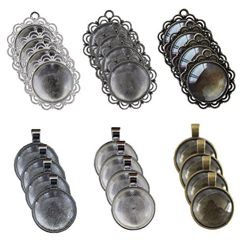 Bundle 12 Pcs Round Pendant Trays & 12 Pcs Flower Circle Pendant Trays in Silver, Antiqued Silver & Bronze with 24 Pcs Glass Cabochon Dome Tiles for Crafting DIY Jewelry Making, 48 Pcs (style 1)