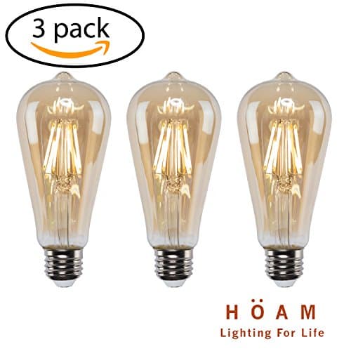 HOAM Lighting 3 Pack Edison Bulbs Dimmable, Antique Style, 4W LED is 40W Incandescent Equivalent 2700K Warm Amber Color Temperature, ST18 ST64 E26 E27 Screw Cap 120V