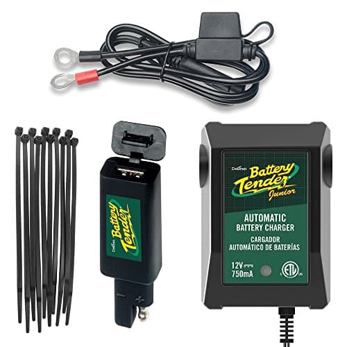 Motorcycle Dual Charge Bundle - 4 Items: Battery Tender Junior 12V 0.75A, Ring Terminal Harness With Fuse, Quick Disconnect USB and Dorman 4" Black Zip Ties
