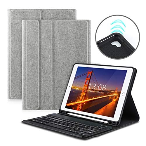 iPad 9.7 Keyboard Case for iPad 2018 (6th Gen)- iPad 2017 (5th Gen)- iPad Pro 9.7- iPad Air 2 1, Slim Detachable Bluetooth Keyboard with Folio Stand Multi-Angle Viewing Cover & Pencil Holder, Gray
