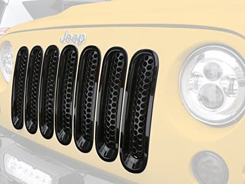 Jeep Wrangler Front Mesh Grille Inserts Upgrade Clip-in Version for 2007-2015 Jeep JK & Wrangler Unlimited (Gloss Black,Pack of 7)