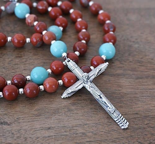 Catholic Rosary Featuring Natural Red Jasper and Amazonite Gemstone Beads