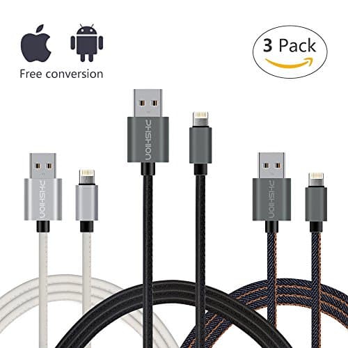 Phshion 3 Packs Reversible Micro USB Cable and Apple Lightning Cable 2 in 1 Joined Cord Both for IOS and Android System(3.3feet 1meter) with Free Storage Bag- PU Black+PU White+Denim