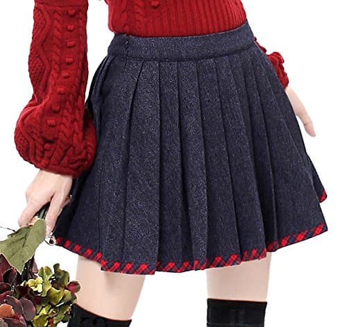 ZkCostume Women's Basic Woolen Blend Plaid Hemline Pleated Mini Skirt, Navy Large