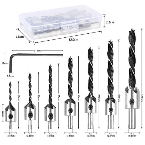 7Pcs Countersink Drill Bit(3-10mm),High-Speed Steel Drill Adjustable Carpentry Reamer Drill Bit Set with One Hex Key Suitable for Wood DIY Drilling Holes