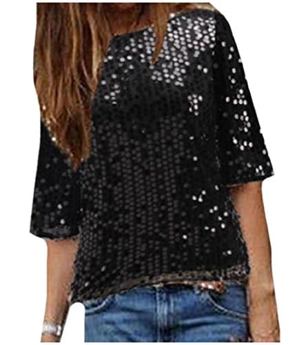 XiaoShop Womens Off-Shoulder Sequins Silm Fit Pullover Sexy T-Shirt Top Black XL