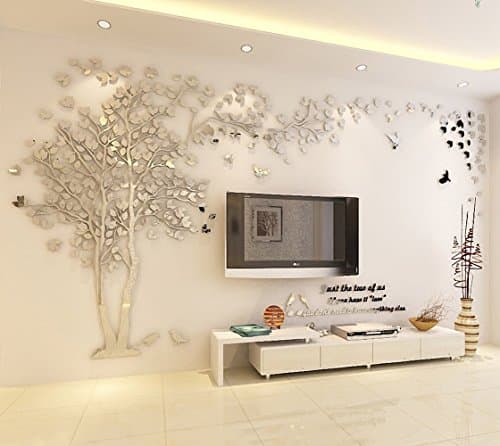 VineCrown 3D Huge Tree Wall Stickers DIY Birds Forest Wall Decal Art Murals Crystal Acrylic Wall Decor for Nusery Living Room Bedroom Home Decoration (XL, Silver, Right)