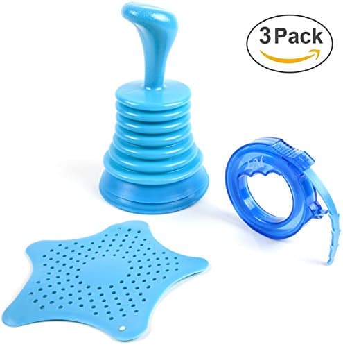 Drain Clogging Prevention Pack in Blue w/ Small Silicon Hand Plunger, Extendable Pipe Dredge & Starfish Drain Strainer For Bathroom, Kitchen, Shower, Sink, Tubs - Tools for Unblocking Food or Hair