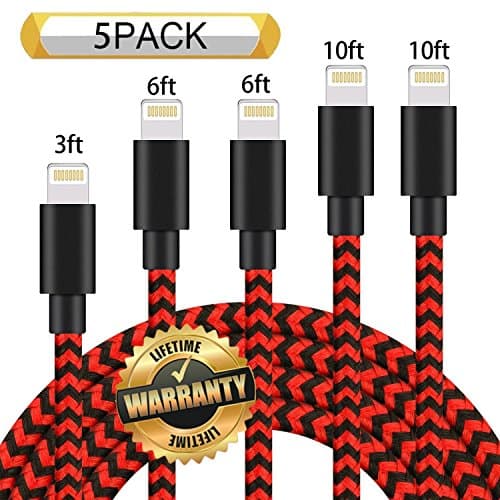 GUIGUI iPhone Charger 5Pack 3FT 6FT 6FT 10FT 10FT, Extra Long Nylon Braided Charging Cord Lightning Cable to USB Charger for iPhone X, 8, 7, 7 Plus, 6S, 6, SE, 5S, 5, iPad, iPod Nano 7 (Black Red)