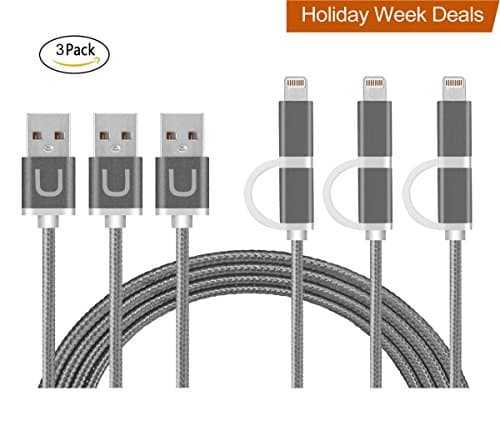 Upow 2-in-1 Nylon Braided lightning and Micro USB Cable High Speed Sync and Charging Cable Cord (1M/3.3FT) (3 Pack) (Space Grey)