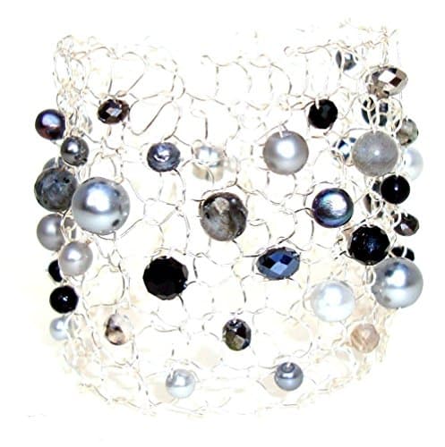 Labradorite Grey and Black Wide Silver Cuff Bracelet