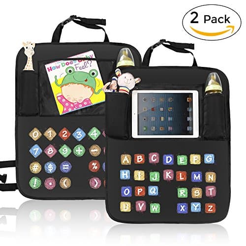 VICIVIYA Kick Mats(2 Pack) Car Seat Back Protector with 6 Storage Organizer Pockets for iPad Tablets Bottles Kids Play Toys, Unique ABC&123 Design for Kids Early Education, Waterproof and Washable