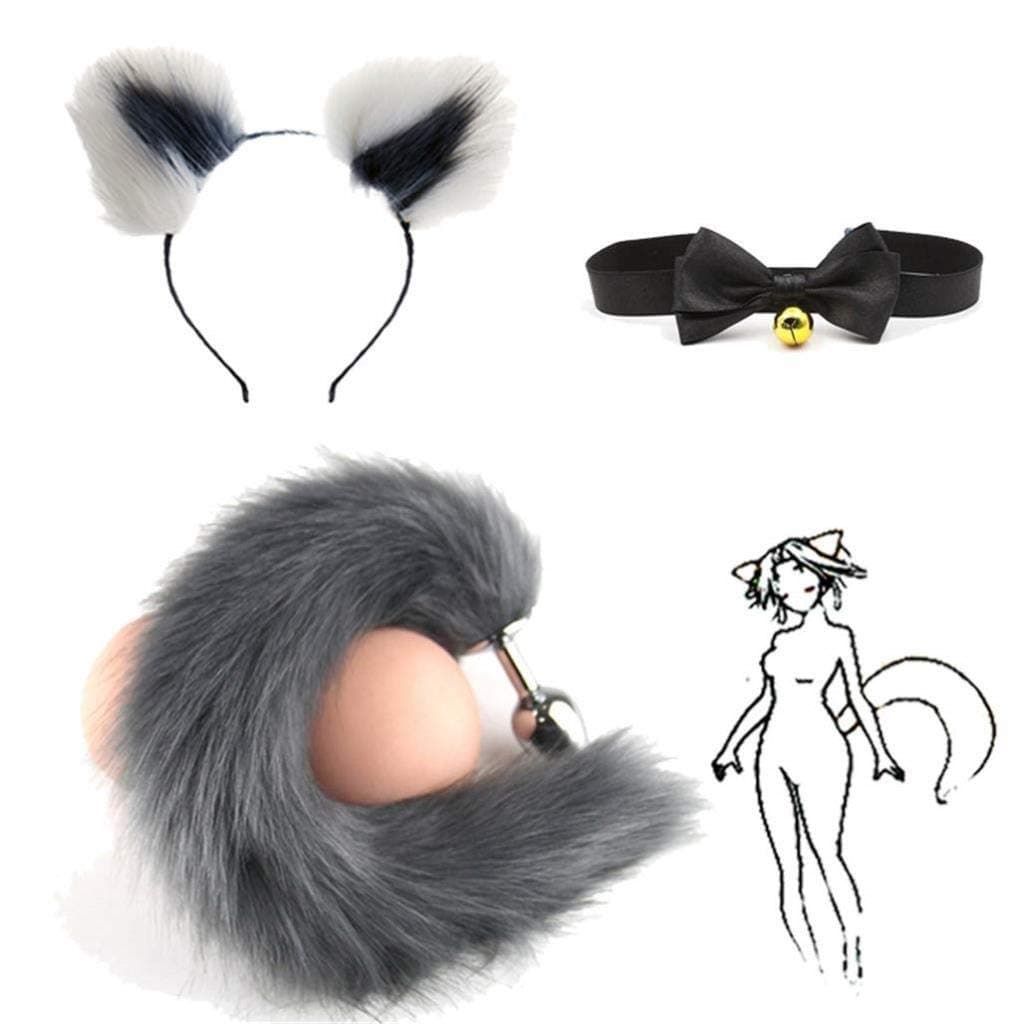 Cos- Ring Collar, Grey Fluffy B-ütt P-l-ǔ-g Fox Tail Plush and Multicolor Cat Ears Anime Set For Women Glamour Female Masquerade Props 3pcs Set Cosplay Costume Props ( Color : White+Grey , Size : M )