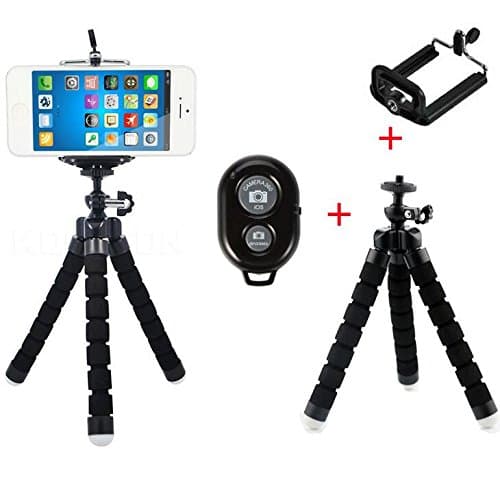 Flexible Octopus Style Portable and Adjustable Tripod Stand Holder for iPhone, Cellphone,Camera with Universal Clip and Bluetooth Remote (Black)