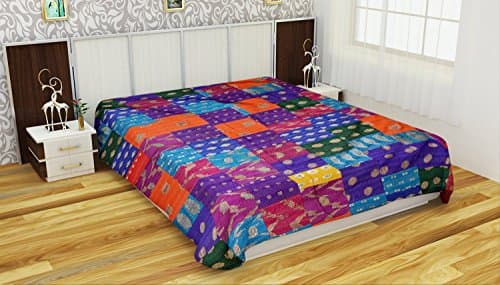 BleuIndus 100% Silk King Kantha Bengali Ralli Throw Saree Patchwork Blanket