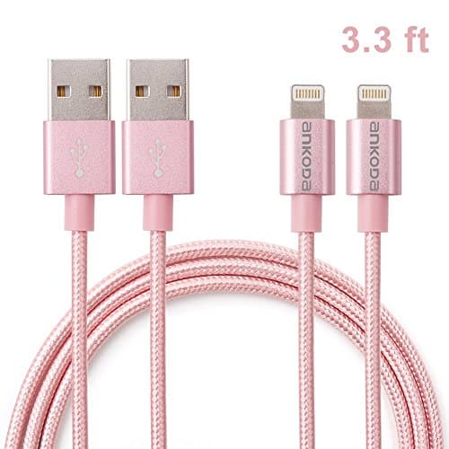 Ankoda® 2Pack 3.3ft/1M Nylon Braided Lightning to USB Cable, Lightning Data Sync & Charge USB Cable for iPhone SE 6S 6S Plus 6 6Plus 5S 5C 5, iPad Air Air 2 mini2 mini3 4th, iPod Nano, iPad Pro and More (Rose Gold)