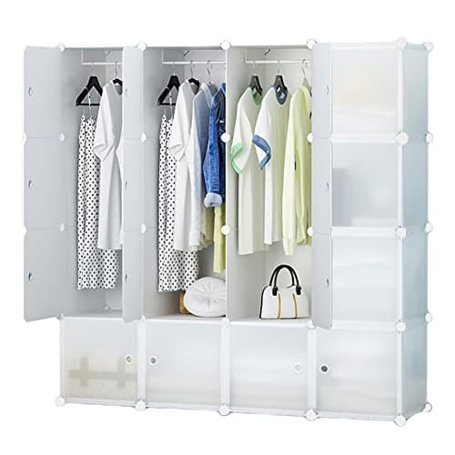 ETTBJA DIY Wardrobe Portable Translucent Clothes Organizer Modular Storage Unit Multi-Purpose Organizer(16 Cubes 3 Hanger Sections)