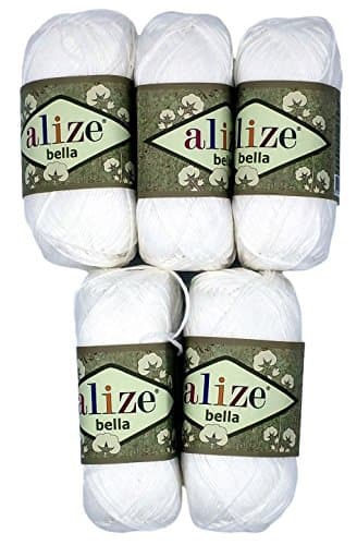 Alize Bella 5 x 50 grams single-colour cotton wool, 250 total grams (8,81oz) of 100% cotton knitting yarn 980 yds (900 meters) (white 55)