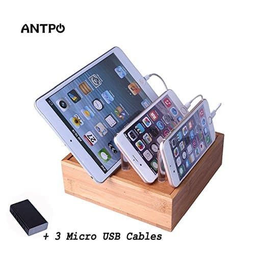 ANTPO Natural Bamboo Charging Station Stand Dock Multiple Device Desktop Organizer Stand with a 40W 6-Port USB Charger for SmartPhones Tablet iPhone iPad Samsung Nexus (brown)