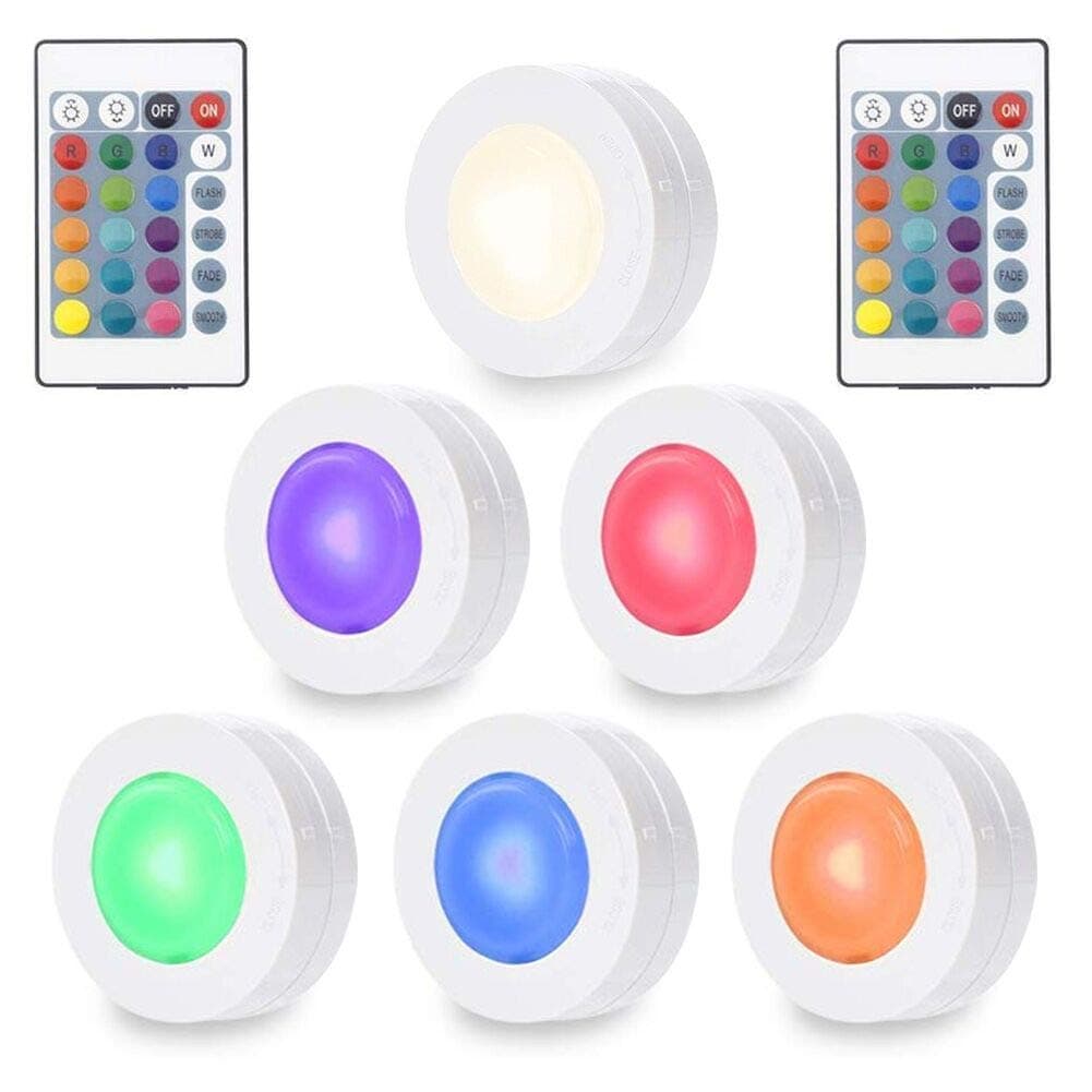 SOLLED Wireless LED Puck Lights, RGB Color Changing Kitchen Under Cabinet Lighting with Remote Control, Battery Powered Dimmable Closet Lights, 4000K Natural Light-6 Pack