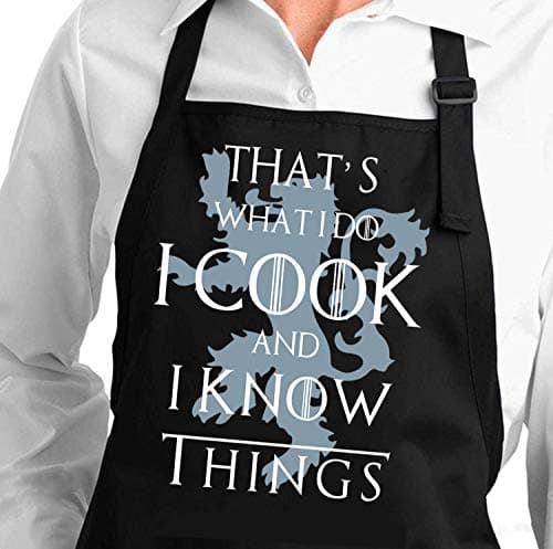 That's What I Do I Cook and I Know Things Grill Aprons Kitchen Chef Bib Men Women Professional for BBQ Baking Cooking, 100% Cotton, Adjustable Strap, 2 Pockets, Black