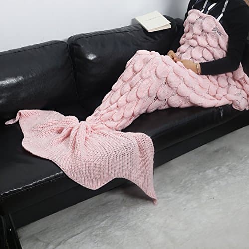 Mermaid Tail Blanket Rug Scales Pattern Sleeping Bag Handmade Wave Crochet Knitting Soft Warm for Adult Teens Kids Living Room Bedroom Sofa All Seasons (71''ⅹ35.5''(adult), light pink B)