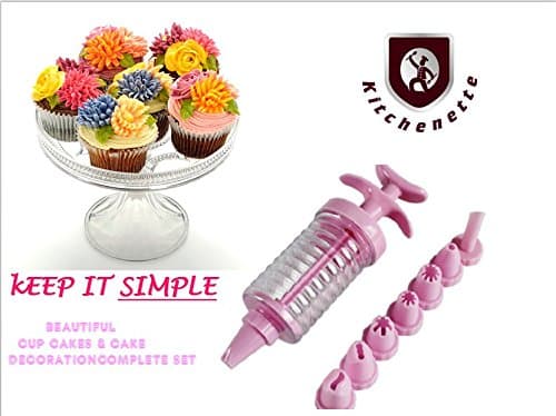 Cup Cake Icing Decoration Set with Piping and Set of 8 Nozzles. Use for Pastry, Cake, Cup Cakes, Beautiful Decorating with this Kitchen Baking Tool Pink 9-Pieces By Kitchenette (Plastic, 10 Inch)