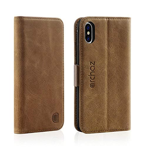 archaz iPhone X/iPhone Xs Wallet Case - Premium Leather Case for iPhone X/Xs - Flip Cover with Magnetic Latch Closure - Adjustable Viewing Stand - Compatible with Wireless Charger (Dark Brown)