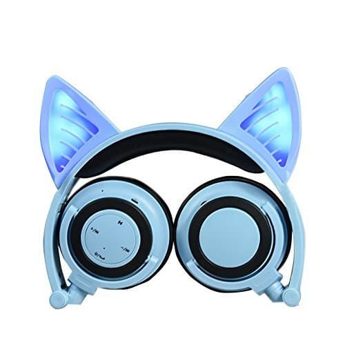 Headphones with Bluetooth &Microphone Wireless/Wired Over Ear Cat Ear Headphones Flashing Glowing Headphones Foldable with LED Flash light for iPhone 7/6S/iPad,Android,Mp3,Mp4 player,Gifts for kids.