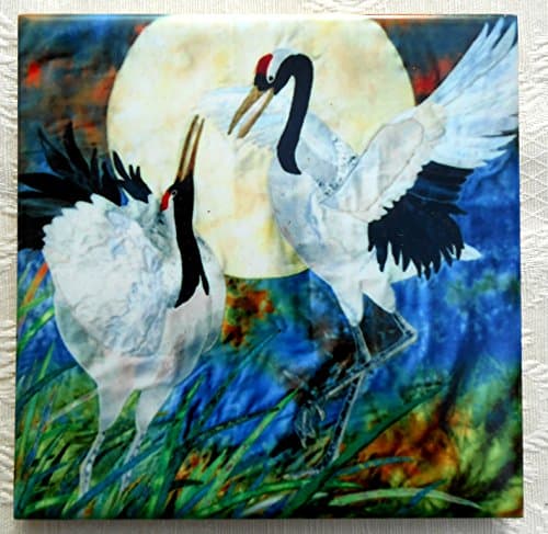 Decorative Ceramic Tile Coaster,Pair of Cranes Dancing Over Full Moon Artwork, Birthday Wedding Gift