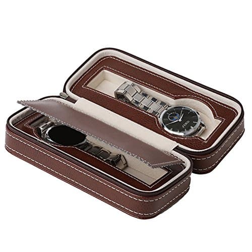 ACECLE 2 Grids Slots Watch Box Display Case Leather Watch Organizer for Men Women Travel Decorative Portable Watch Box Zipped Brown