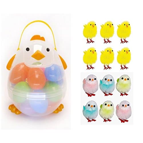 Easter Chick Egg Carrier with Pack of 12 Amscan Egg-stra Special Medium Yellow Chenille Chicks Easter Party Favors, Yellow …AND Multicolor